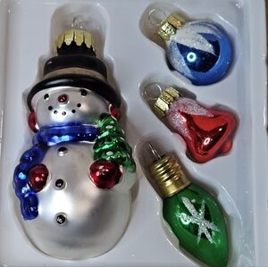 SNOWMAN GREEN LIGHT RED BELL - BLUE BULB HAND PAINTED GLASS BOX DAMAGED ORNAMENT